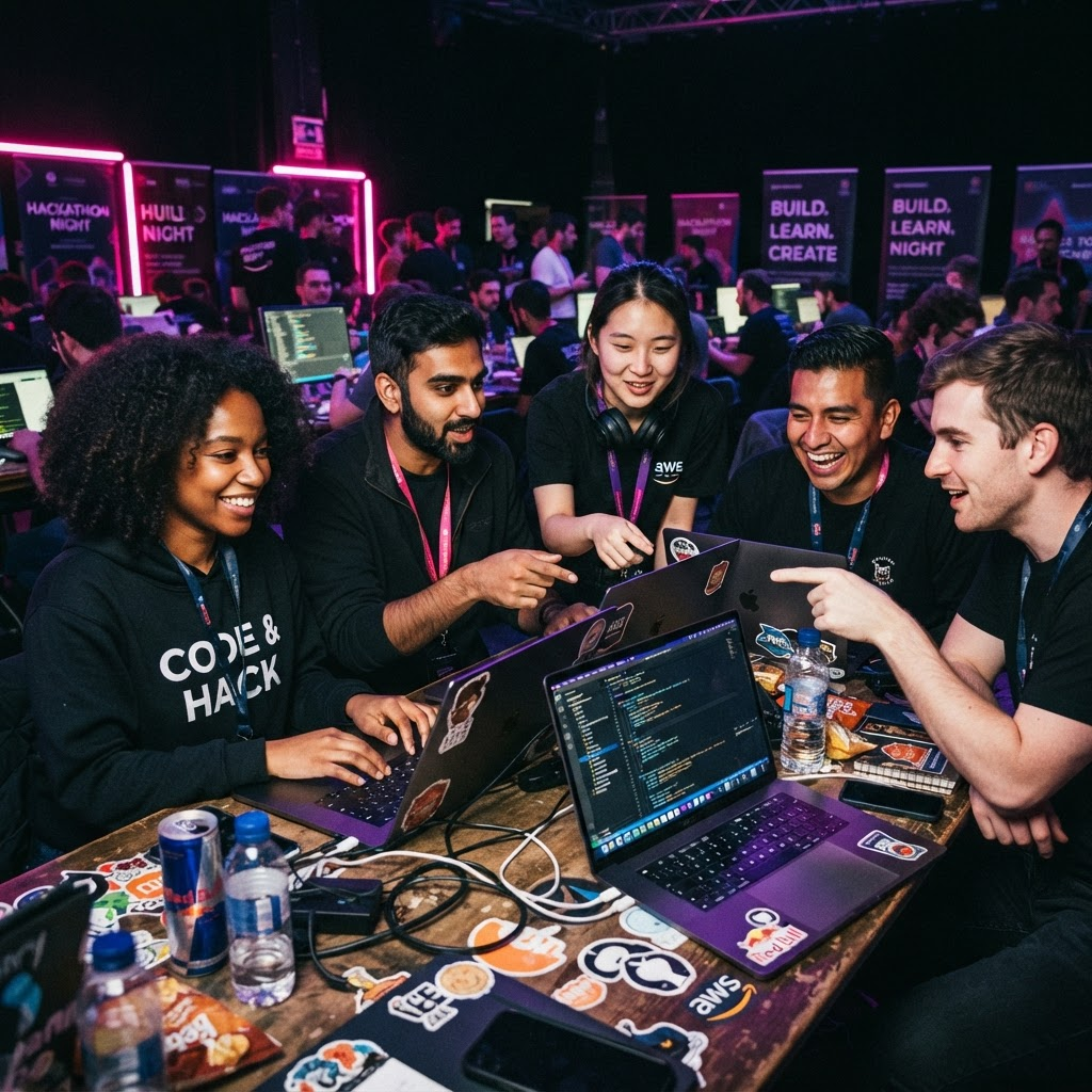 Equipo de desarrolladores colaborando con laptops durante la hackathon