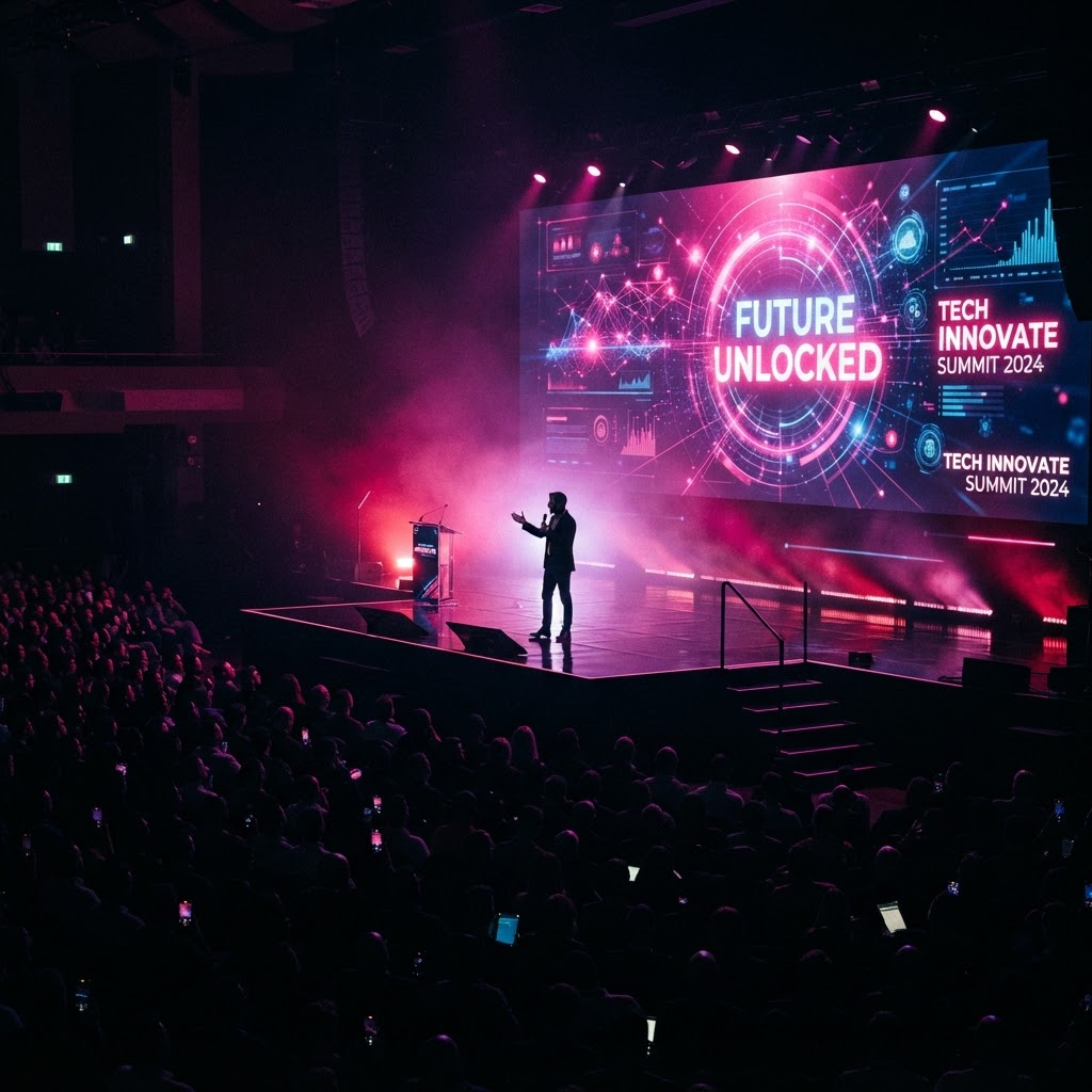 Escenario principal con pantalla gigante y luces magenta durante una keynote