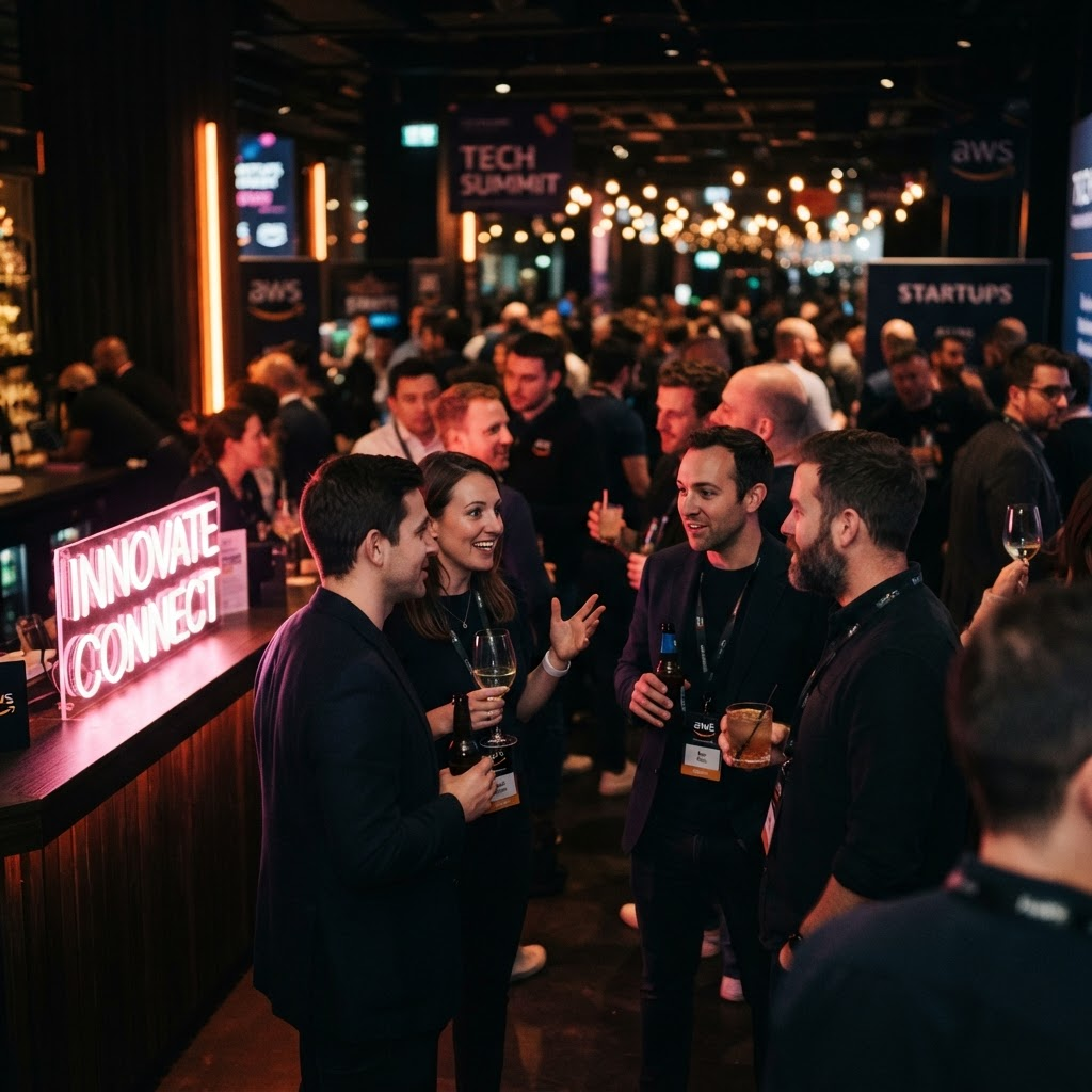 Personas haciendo networking en el lounge del evento